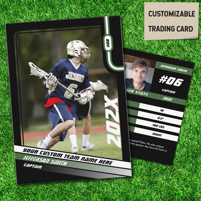 Contato Cartão de Negociação do Jogador de Lacrosse em Ver (Lacrosse Player Trading Card in Black with Custom Team Name and Green White Elements)