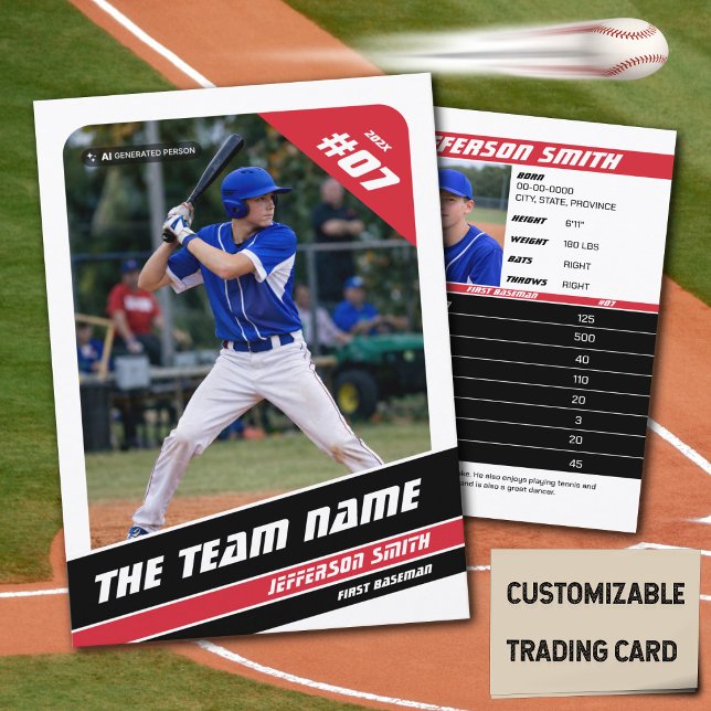 Contato Cartão de Presente de Cartão de Troca de Equipe de (Baseball Player Trading Card in White with Custom Team Name and White Red Elements)