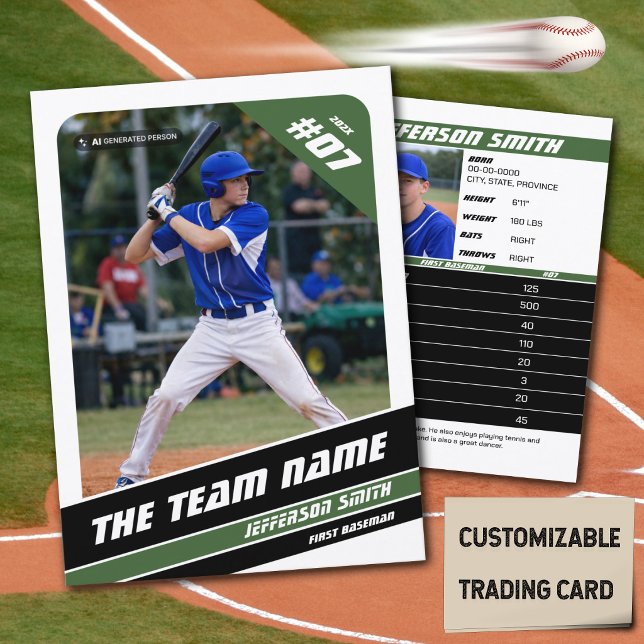 Contato Cartão de Presente de Cartão de Troca de Equipe de (Baseball Player Trading Card in White with Custom Team Name and Green and Black Elements)