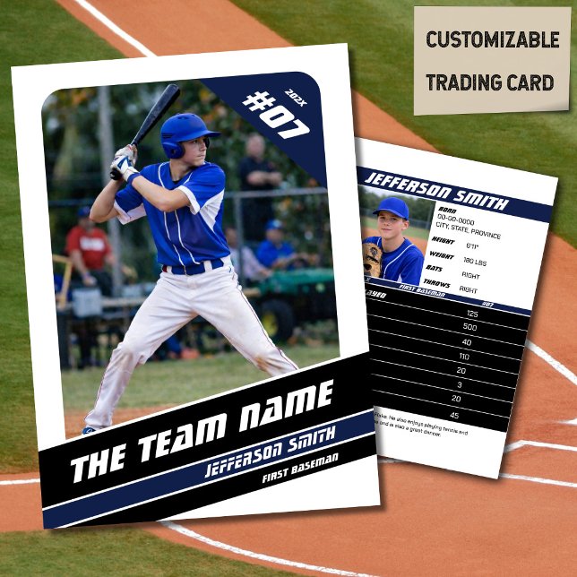 Contato Cartão de Presente do Time de Beisebol Azul Branco (Baseball Player Trading Card in White with Custom Team Name and White Blue Elements)