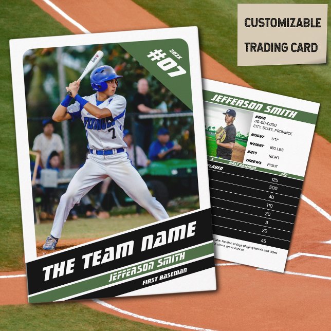 Contato Cartão de Transação da Equipe de Baseball - Branco (Baseball Player Trading Card in White with Custom Team Name and Green and Black Elements)