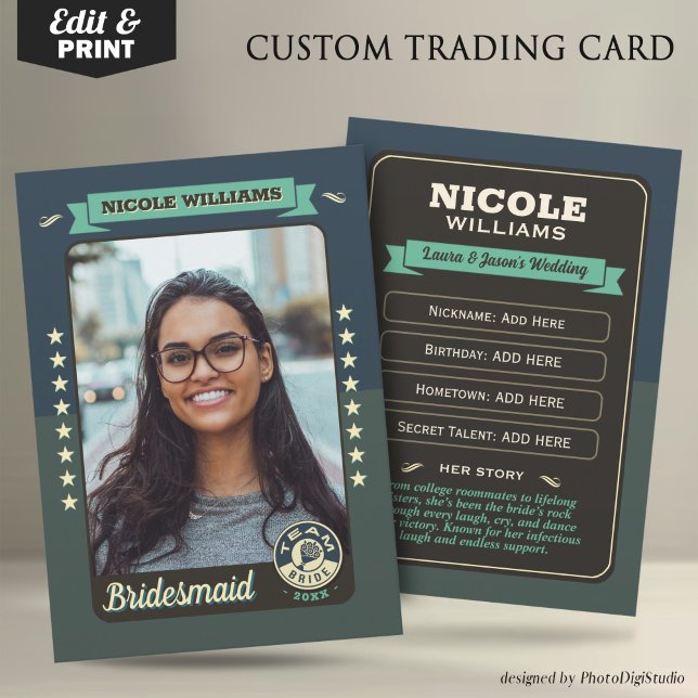 Contato Cartão de Troca da Noiva da Equipe Personalizada,  (Custom Team Bride Trading Card, Bridesmaids Gifts Maid of Honor Trading Card, Retro Wedding Cards)