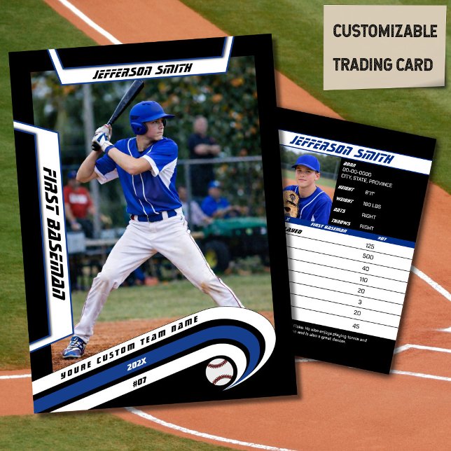 Contato Cartão de Troca de Beisebol Azul Vibrante Preto (Baseball Player Trading Card in Black with Custom Team Name and White Blue Elements)
