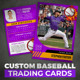 Contato Cartão de Troca de Beisebol Roxo com Foto e Estatí