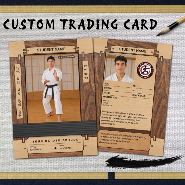 Contato Cartão de Troca de Cinto Preto de Karatê em Madeir (A Black Belt is earned through commitment—celebrate the milestone with a personalized trading card.)