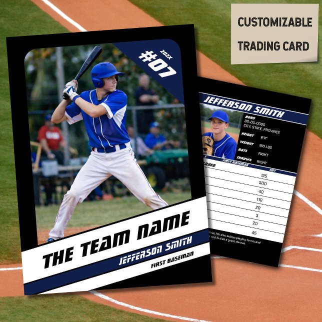 Contato Cartão de Troca de Equipe de Beisebol Presente Esp (Baseball Player Trading Card in Black with Custom Team Name and White Blue Elements)