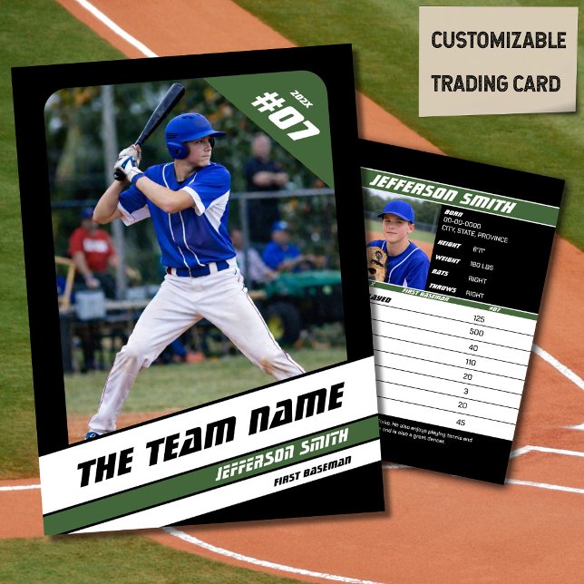 Contato Cartão de Troca de Equipe de Beisebol Presente Esp (Baseball Player Trading Card in Black with Custom Team Name and White Green Elements)