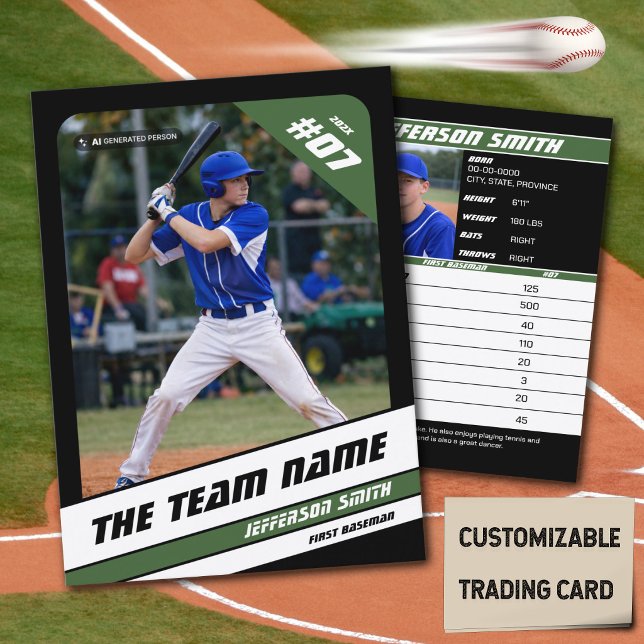 Contato Cartão de Troca de Equipe de Beisebol Presente Esp (Baseball Player Trading Card in Black with Custom Team Name and White Green Elements)