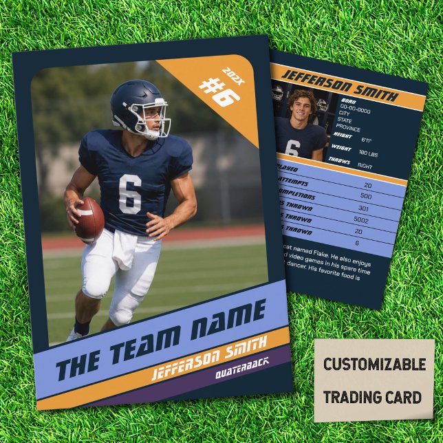 Contato Cartão de Troca de Equipe de Futebol Presente Espo (American Football Player Trading Card in Dark Blue with Custom Team Name with Yellow Stripe)