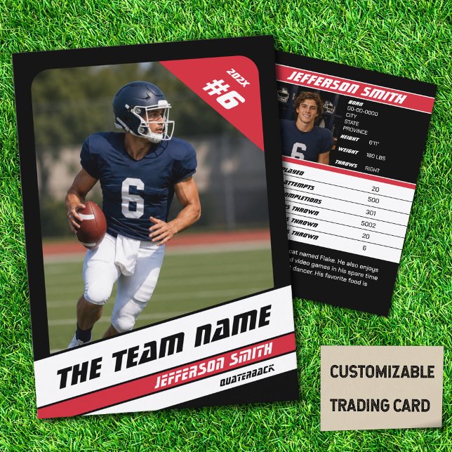 Contato Cartão de Troca de Equipe de Futebol Presente Espo (American Football Player Trading Card in Black with Custom Team and Player Name with Red Stripes)
