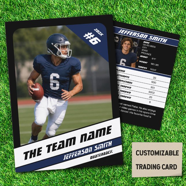 Contato Cartão de Troca de Equipe de Futebol Presente Espo (American Football Player Trading Card in Black with Custom Team and Player Name with Blue Stripes)