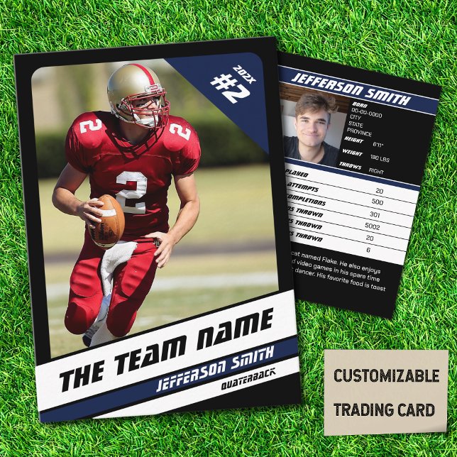 Contato Cartão de Troca de Equipe de Futebol Presente Espo (American Football Player Trading Card in Black with Custom Team and Player Name with Blue Stripes
)