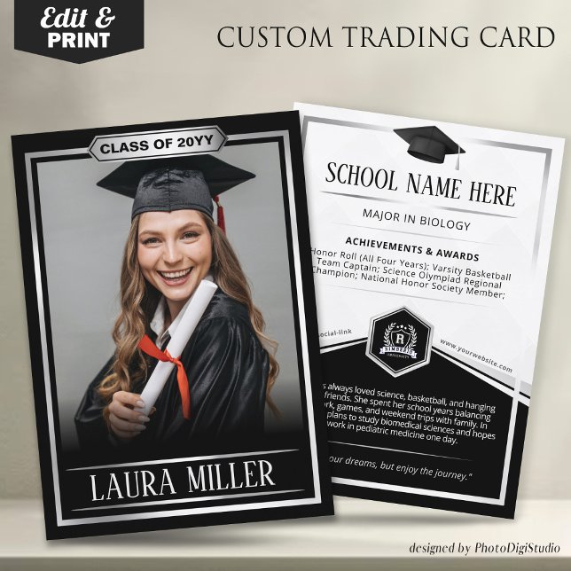 Contato Cartão de Troca de Formatura Personalizado, Format (Editable Graduate Trading Card, Elegant Black Silver Card, Custom Trading Card for Graduation)