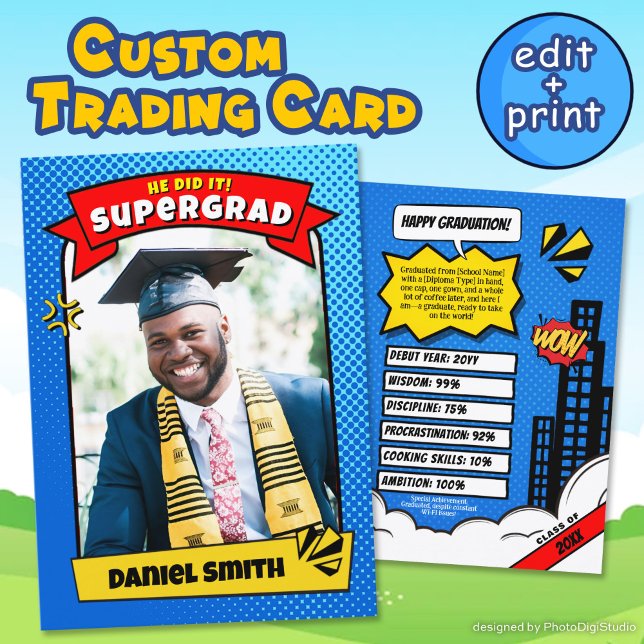 Contato Cartão de Troca de Formatura Personalizado, Format (Editable Graduate Trading Card, Super Grad Comic Announcement Card)