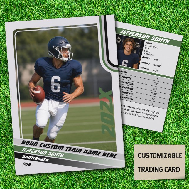 Contato Cartão de Troca de Futebol Americano Presente Pers (American Football Player Trading Card in Grey with Custom Team and Player Name with Green Stripes)