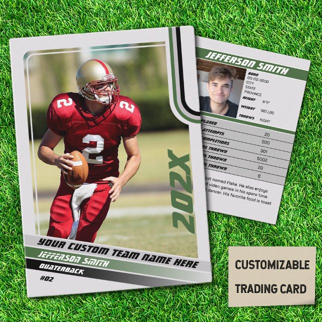 Contato Cartão de Troca de Futebol Americano Presente Pers (American Football Player Trading Card in Grey with Custom Team and Player Name with Green Stripes)