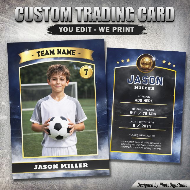 Contato Cartão de Troca de Futebol Personalizado, Chamada  (Custom Soccer Trading Card, Blue Gold Stadium Call Calling Card)