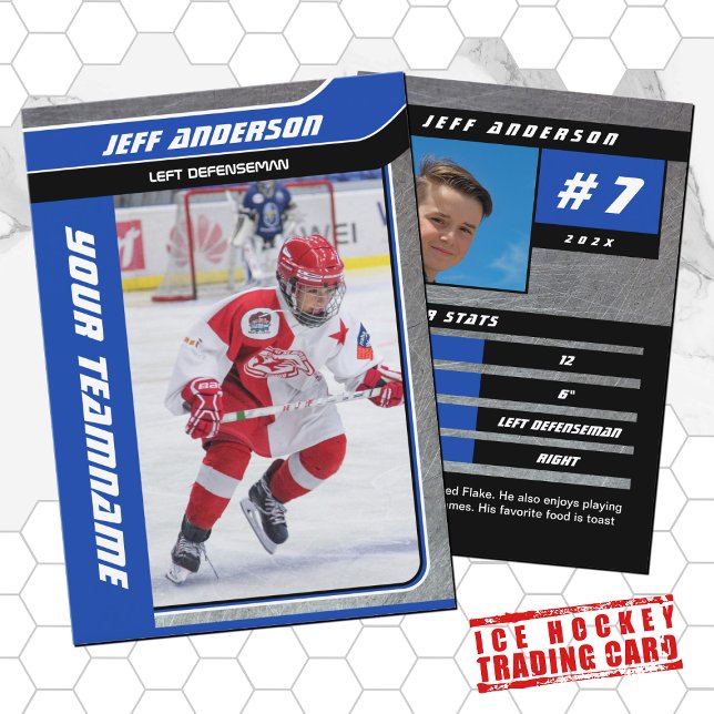 Contato Cartão de Troca de Hockey no Gelo de Metal Azul (Hockey Trading Card with custom team name and hockey player name in Blue and Black)