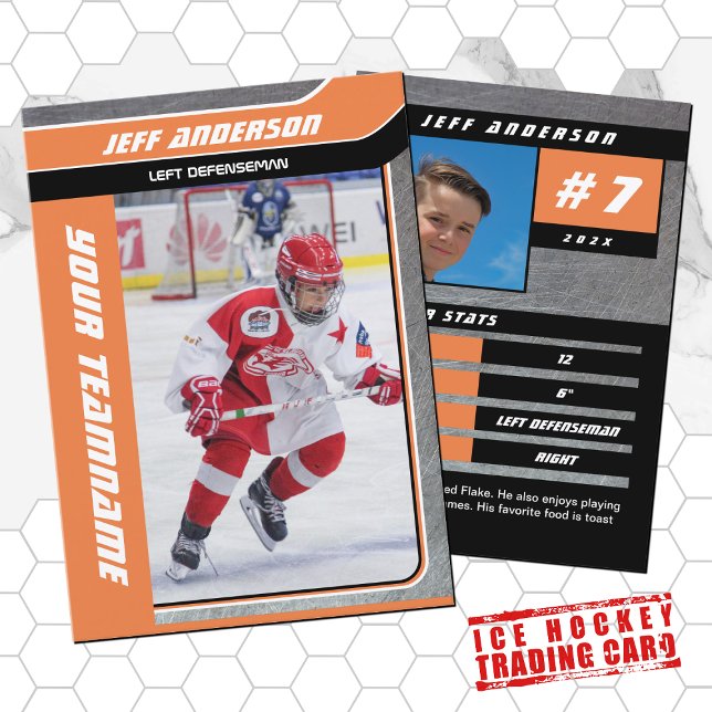 Contato Cartão de Troca de Hockey no Gelo Metal Laranja (Hockey Trading Card with custom team name and hockey player name in Orange and Metal)