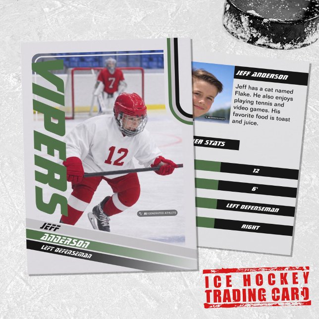 Contato Cartão de Troca de Hóquei no Gelo Verde (Unleash your creativity with our green and black customizable ice hockey trading card )