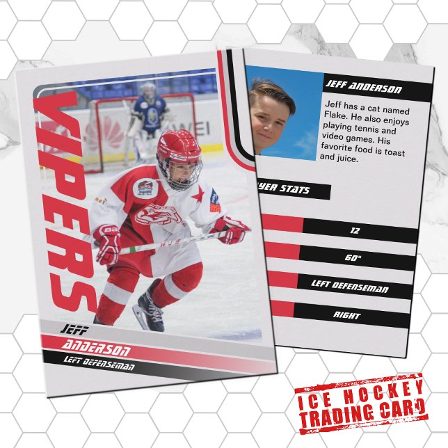 Contato Cartão de Troca de Hóquei no Gelo Vermelho (Unleash your creativity with our red and black customizable ice hockey trading card )