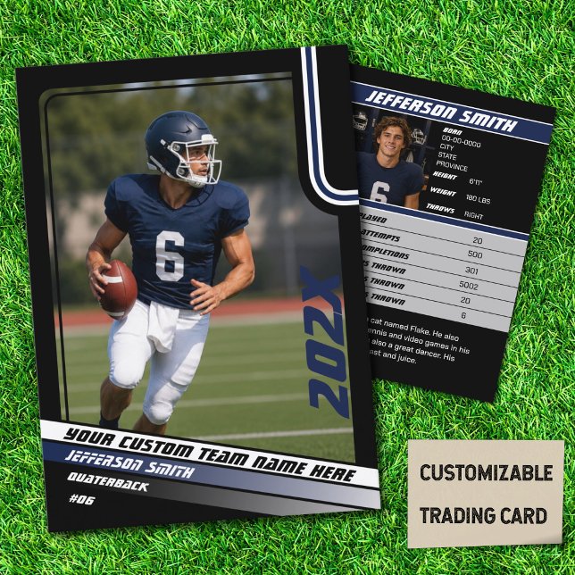 Contato Cartão de Troca de Jogador de Futebol Personalizad (American Football Player Trading Card in Black with Custom Team and Player Name with Blue Stripes)