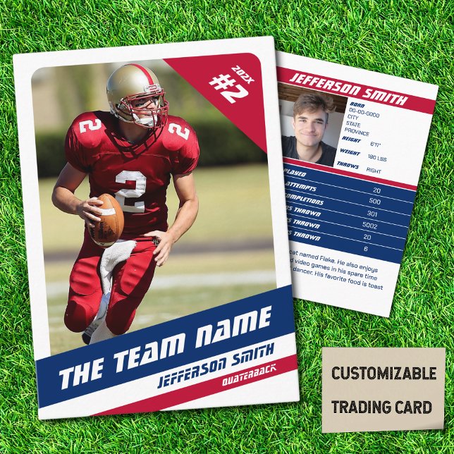 Contato Cartão de Troca do Time de Futebol Americano Verme (American Football Player Trading Card in White with Custom Team Name with Blue Red Stripes
)
