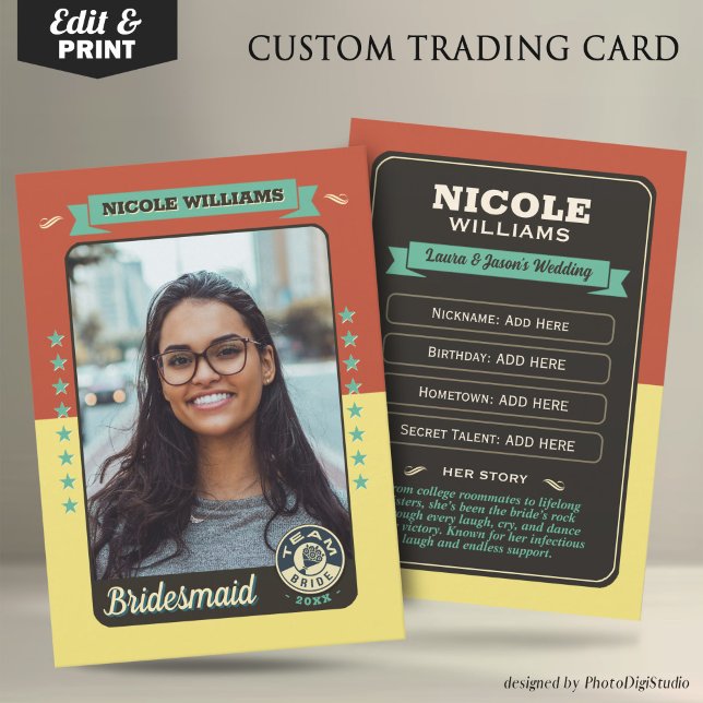 Contato Cartão de Troca Personalizado da Equipe da Noiva,  (Custom Team Bride Trading Card, Bridesmaids Gifts Maid of Honor Trading Card, Retro Wedding Cards)