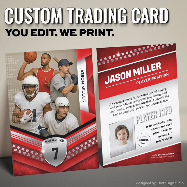 Contato Cartão de Troca Personalizado de Todos os Esportes (Custom Trading Card Template, All Sport Trading Card, Modern Red Silver Design for All Sports)