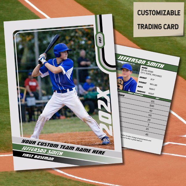 Contato Cartão Personalizado de Troca de Jogador de Beiseb (Baseball Player Trading Card in Light Grey with Custom Team Name and Green and Black Elements)