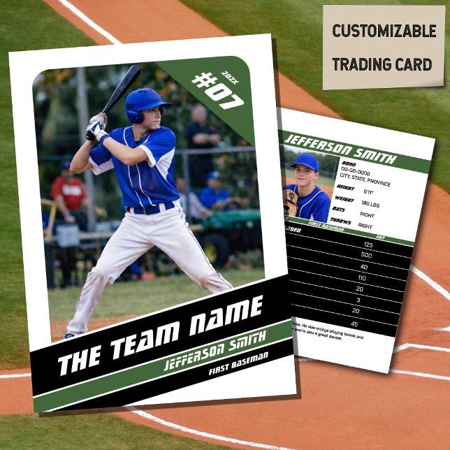 Contato Cartão Presente do Time de Beisebol Verde Branco (Baseball Player Trading Card in White with Custom Team Name and Green and Black Elements)