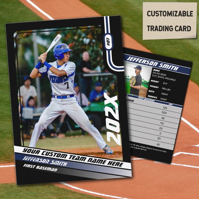 Contato Presente Azul Personalizado do Cartão de Venda do  (Baseball Player Trading Card in Black with Custom Team Name and Blue White Elements)