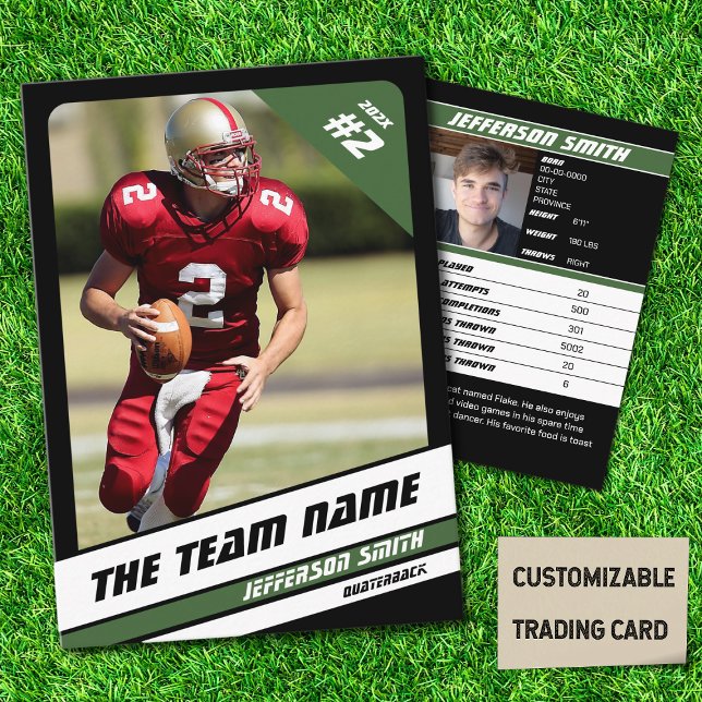 Contato Presente Esportivo de Cartão de Troca de Equipe de (American Football Player Trading Card in Black with Custom Team Name with Green Stripes
)