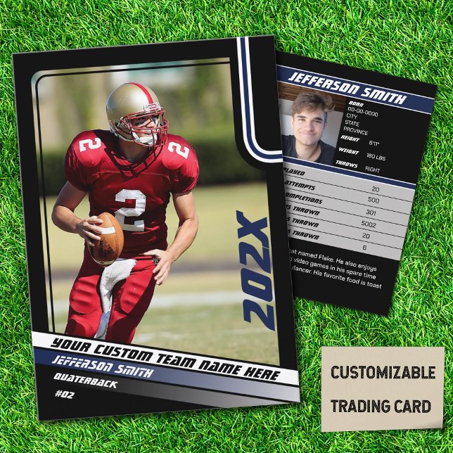 Contato Presente personalizado de cartão de jogador de fut (American Football Player Trading Card in Black with Custom Team and Player Name with Blue Stripes)