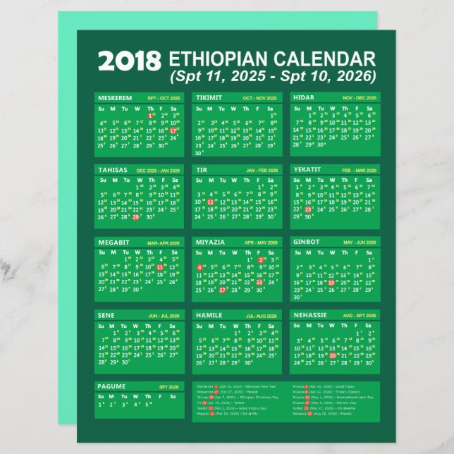 Conversor de Calendário Etíope para 2025 2026 (Frente/Verso)