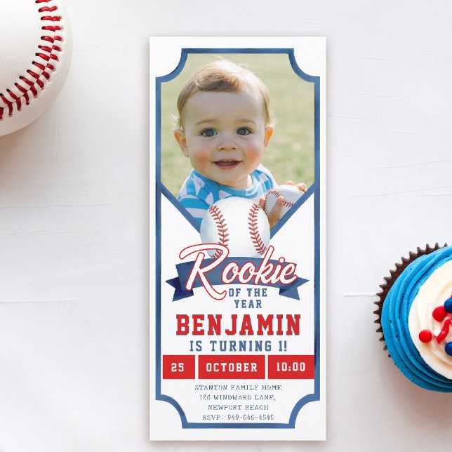 Convidado para primeiro aniversario Blue Boy Rooki (rookie of the year 1st birthday invite boy photo template red blue milestone invitation ticket)