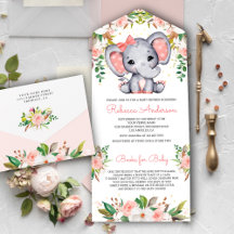 Convidado Rosa Floral Elefante Fofo Chás de Bebê