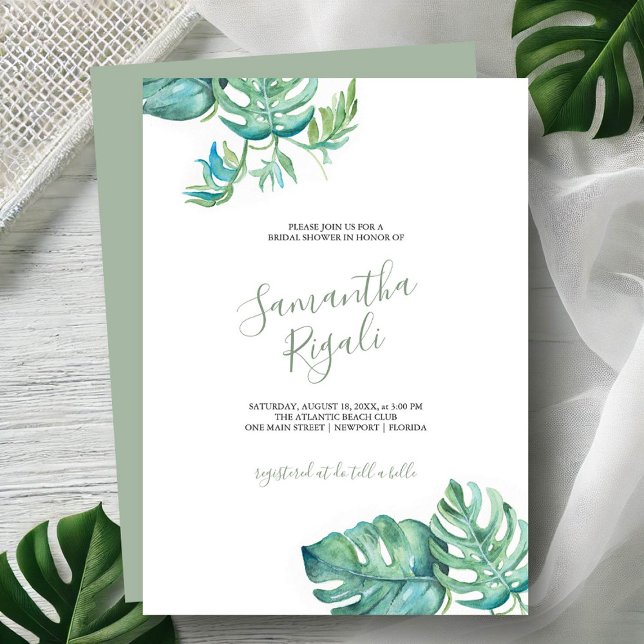 Convidados para Chá de panela verde de cor d'água  (Tropical bridal shower invitations watercolor monstera leaf art Victoria Grigaliunas DoTellABelle)