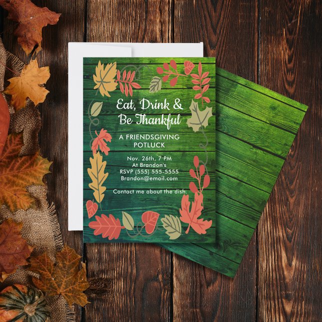 Convidar Madeira Verde de Profunda Cor Verde para  (Friendsgiving Potluck Deep Color Green Wood Invite)