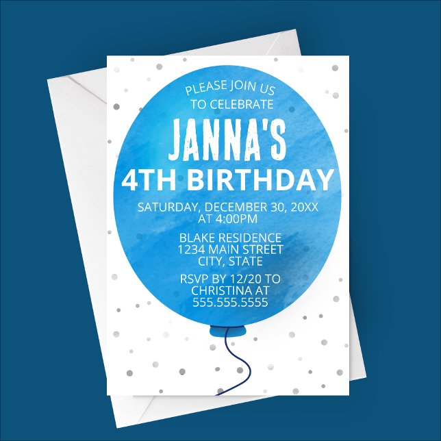 Convite (Blue Watercolor Balloon Birthday Party Invitation)