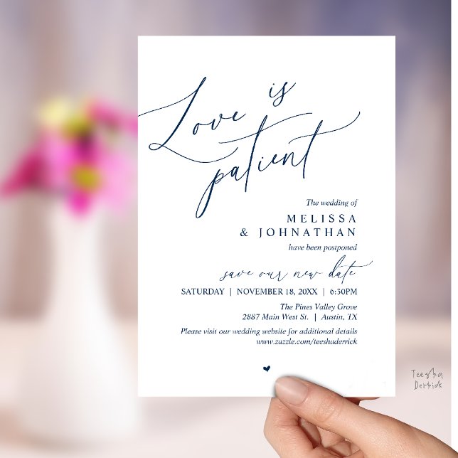 Convite (“Love Is Patient” Wedding Postpone Announcement, Change the date card in Navy Blue)