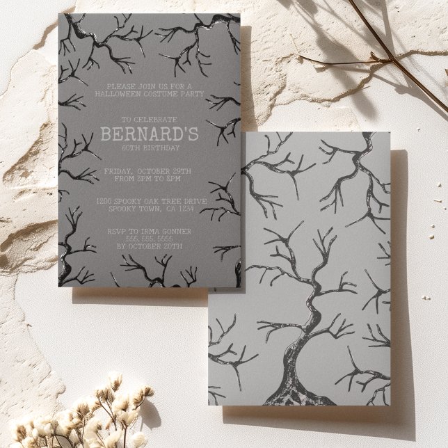 Convite (Spooky Old Oak Trees Hand-Drawn in Black Ink Perfect for an Over the Hill Haunted Birthday Party.)