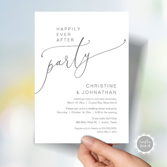 Convite (Happily Ever After Party, Modern Romantic Wedding Elopement Dinner Invitation Card, in Dark Grey)