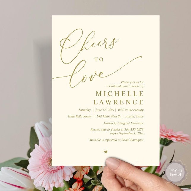 Convite (Cheers to love, Romantic Bridal Shower Party Invitation Card, PDF, in Retro Yellow Gold)