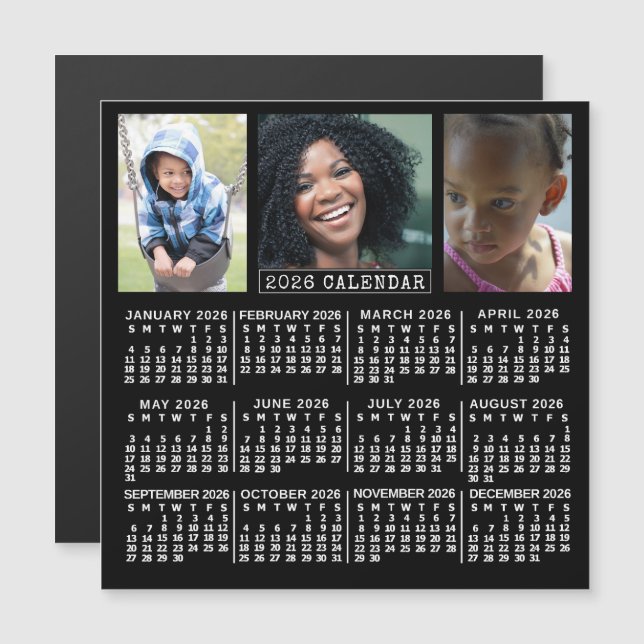 Convite 2026 Calendar Year Black | 3 Custom Photo Collage (Frente/Verso)