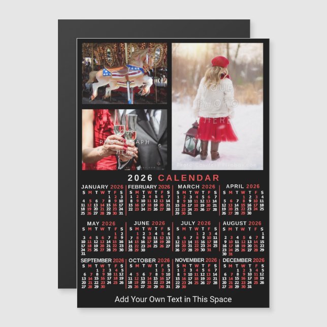 Convite 2026 Year Calendar Black Red Personalized Photo (Frente/Verso)