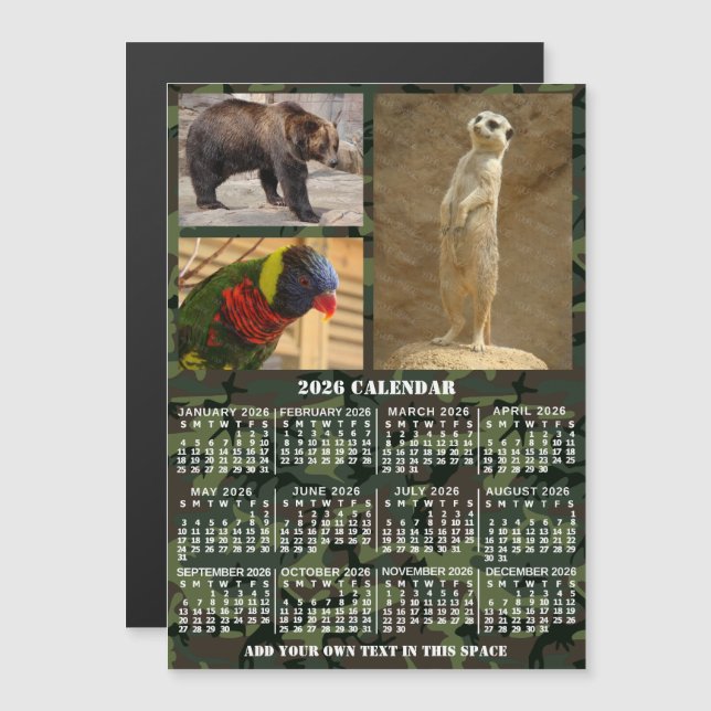 Convite 2026 Year Calendar Camouflage Add 3 Custom Photos (Frente/Verso)