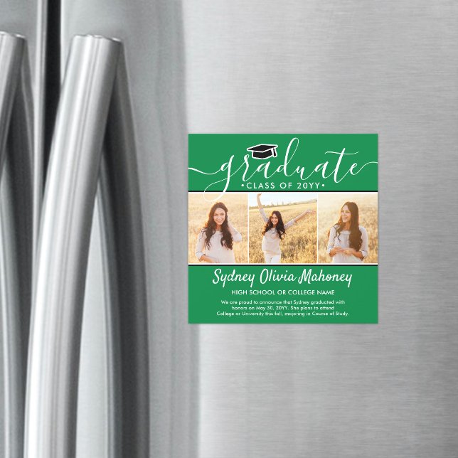 Convite 3 Anúncio de Graduação Magnética Verde de Foto (Criador carregado)
