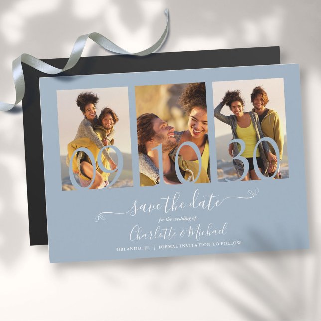 Convite 3 Colagem de Fotos Casamento Salve a Data Azul Poe (3 Photo Collage Wedding Save The Date Dusty Blue Magnetic Invitation)