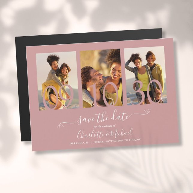 Convite 3 Foto Colagem Dusty Rosa Salve A Data (3 Photo Collage Dusty Rose Wedding Save The Date Magnetic Invitation)